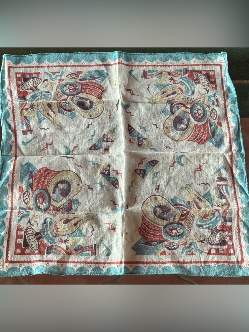 Vintage Mid Century Mexican Themed Print Handkerchief Great Condition!